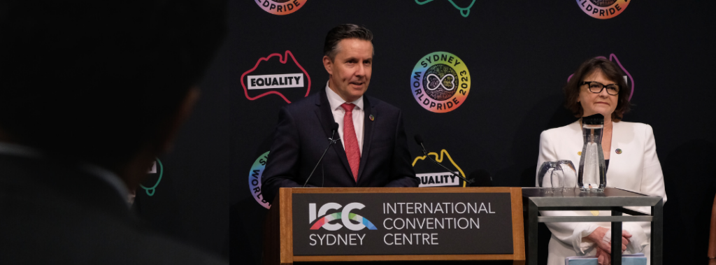 Hon Mark Butler MP and Hon Ged Kearney MP announcing a new national LGBTIQ+ health action plan with $26 million for health and medical research at the Sydney WorldPride Human Rights Conference.